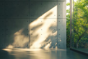 Fototapete - Light streams into a minimalist room with concrete walls, illuminating the shiny floor and connecting the indoors with the green outdoors.