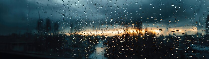 Aufkleber - Raindrop on a window showing city landscape and emotional texture concept. Dramatic sunset view through a rainy window with raindrops.
