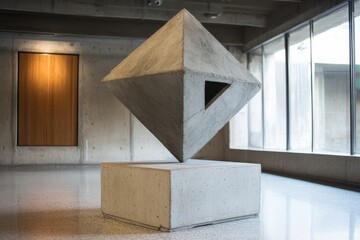 Fototapete - Geometric Sculpture: Concrete diamond rests point down on a concrete cube inside a modern building. Natural light fills the spacious interior.