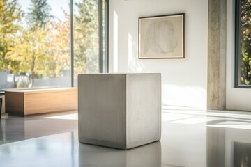 Fototapete - Minimalist concrete cube interior. Modern design, bright sunlight, artwork, and serene ambiance. A unique blend of form and function.