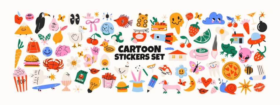  Retro hippie stickers 90s. Cartoon bright psychedelic elements, funky shapes, animals,fruits, vintage. Trendy doodle labels, patches, stamps
