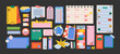© Limpreom - Sticky to do notes and scrapbooking elements in retro cartoon style. Note papers, torn sheets, labels, memo shapes, creative stationery, 90s journal vibe, illustration in retro cartoon style, trendy