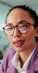 Poster - Business, glasses and woman in office, reflection or travel agent with research on tech. Person, employee or consultant in workplace, eyewear or online reading for tourism website or clear vision