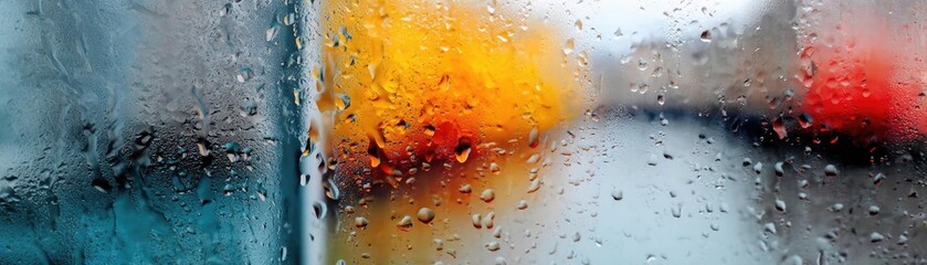 Poster - Raindrop on a window combining rain, mood, and urban pattern concept. Colorful reflections through a raindrop-covered window pane.