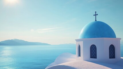 Poster - Serene coastal church with blue dome under sunny sky, overlooking calm sea and distant mountains.