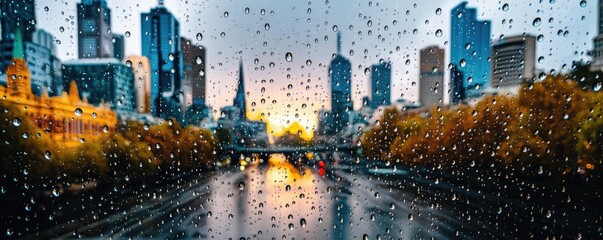Poster - Raindrop on a window combining rain, mood, and urban pattern concept. City skyline with rain droplets enhancing urban beauty.