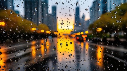 Poster - Raindrop on a window combining rain, mood, and urban pattern concept. A rainy city scene with droplets on a glass surface at sunset.