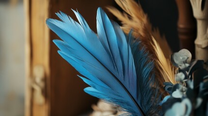 Poster - Close-up of a vibrant blue feather among other dried plants and feathers in a wooden box.