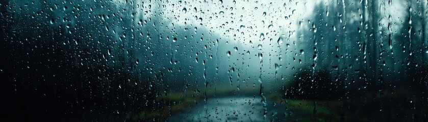 Poster - Raindrop on a window featuring sad city mood and water texture concept. A serene view of raindrops on a window with a misty backdrop.
