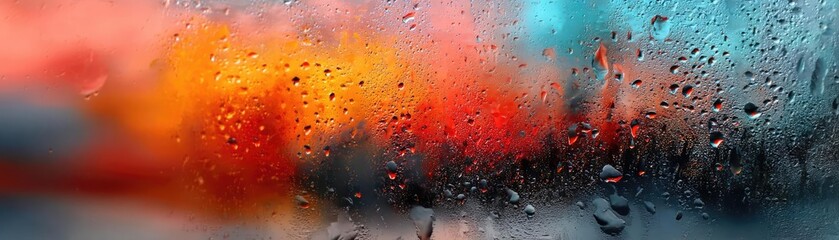 Poster - Raindrop on a window featuring sad city mood and water texture concept. Vibrant abstract art with rain droplets on a colorful background.