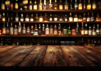 Fototapete - Wooden bar top,  dark wood,  liquor bottles in background  Blurred display of various liquor bottles on shelves behind a dark wooden table top  Focus on the wooden surface