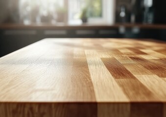 Fototapete - Close-up of a light brown wooden kitchen countertop  Sunlight highlights the wood grain's texture  Blurred background shows a modern kitchen with dark cabinets and a window