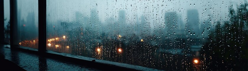 Poster - Raindrop on a window featuring sad city mood and water texture concept. Moody urban scene with rain on window and city lights glowing.
