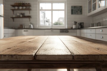 Fototapete - Wooden table top in a bright, airy kitchen  Sunlight streams onto the light brown wooden planks  White cabinetry and a large window are visible in the background