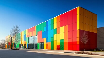 Poster - Colorful modern building exterior with vibrant panels under a clear blue sky.