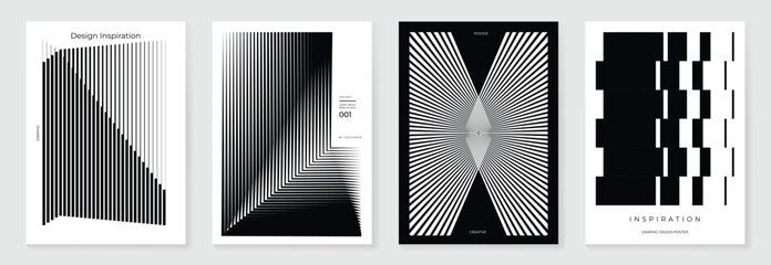 Aufkleber - Abstract monochrome poster background vector set. Modern cover template with black and white perspective geometric prism shape, halftone dot, line. Ideal design for social media, banner, ads.