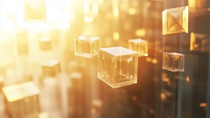 Poster - AI tech scene, transparent floating geometric shapes, soft golden sunlight from side, minimalist background, no people, clean and commercial