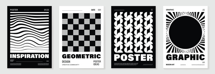 Aufkleber - Abstract monochrome poster background vector set. Modern cover template with black and white perspective geometric prism shape, halftone dot, line. Ideal design for social media, banner, ads.