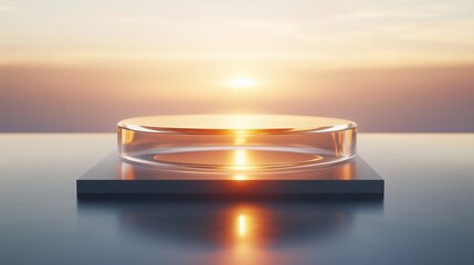 Poster - Clean abstract AI visualization, circular energy structure with glowing core, soft sunbeam entering from top left, layered transparent materials with subtle reflections, ultra HD photorealism, minimal