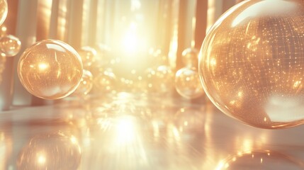 Poster - Conceptual artificial intelligence visualization, glowing network spheres floating in space, large scale, sunlight shining through translucent structures, futuristic clean aesthetic