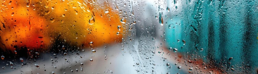 Poster - Raindrop on a window featuring sad city mood and water texture concept. Colorful view through raindrops on a glass surface, vibrant scenery.