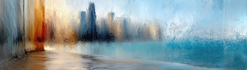 Poster - Raindrop on a window featuring sad city mood and water texture concept. A serene beach landscape with blurred city skyline reflections.