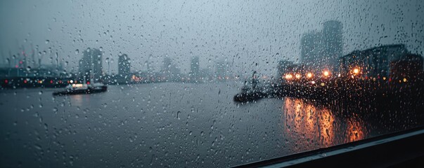 Poster - Raindrop on a window showing city landscape and emotional texture concept. A moody cityscape captured through raindrops on glass.