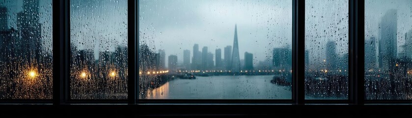 Poster - Raindrop on a window combining rain, mood, and urban pattern concept. Urban skyline shrouded in rain, reflective glass windows create depth.