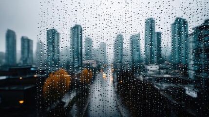Poster - Raindrop on a window featuring sad city mood and water texture concept. City skyline through a rain-soaked window on a grey day.