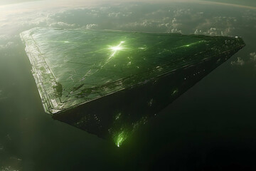 Poster - Floating futuristic geometric structure with green glowing lights
