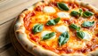 © Noor - Close-up of a freshly baked Margherita pizza with rich tomato sauce, melted mozzarella, and fresh basil, set on a rustic wooden surface—capturing the essence of Italian cuisine and culinary delight.
