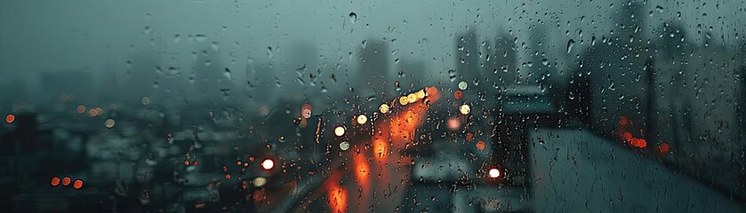 Poster - Raindrop on a window combining rain, mood, and urban pattern concept. A rainy urban scene with blurred city lights and droplets.