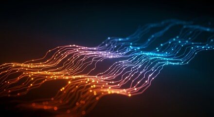 Poster - Abstract digital data flow visualization with glowing lines and connected dots, representing network connections, communication and information technology in a futuristic style.