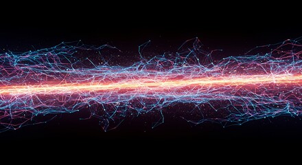 Poster - Abstract digital network visualization of interconnected lines with glowing light in the center against a dark background, representing data flow and connection.