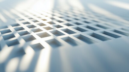 Poster - Futuristic minimal scene of AI processor, sun rays casting long shadows, white background with depth of field