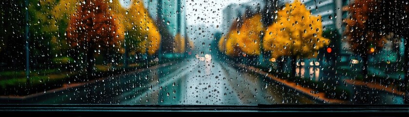 Poster - Raindrop on a window showing city landscape and emotional texture concept. Rain-soaked street view showing vibrant autumn foliage.