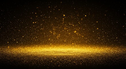 Poster - Abstract golden glitter background with floating particles and a bright illuminated stage, creating a magical and festive atmosphere with radiant light.