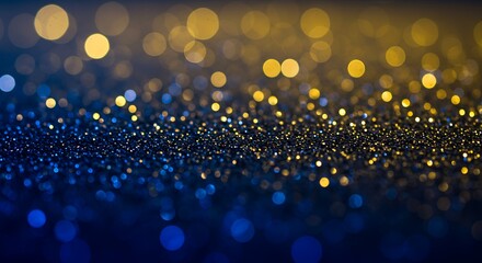 Poster - Close-up macro shot of a glittering blue and gold surface with bokeh effect, creating a dreamy and festive background with sparkles and light.
