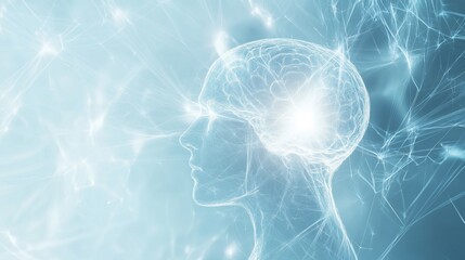 Poster - Modern AI background, smooth digital brain outline, soft lens flare, pastel blue and white colors, stock photo style, minimal composition, no people