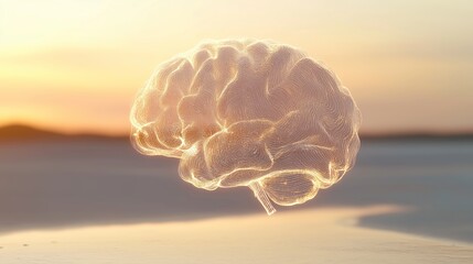 Poster - simple floating AI brain made of light trails, white and beige background, warm sunlight hitting surface, professional stock style