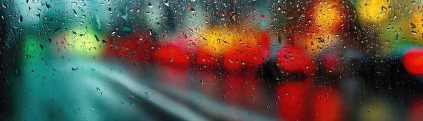 Poster - Raindrop on a window featuring sad city mood and water texture concept. Raindrops on glass create a colorful, blurred city atmosphere.