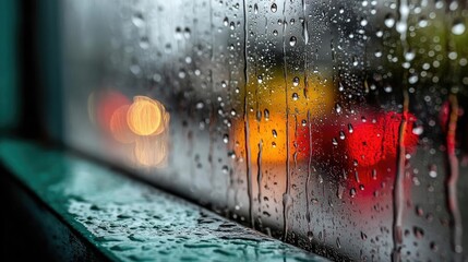 Poster - Raindrop on a window featuring sad city mood and water texture concept. Colorful rain-soaked window with blurred city lights in background.