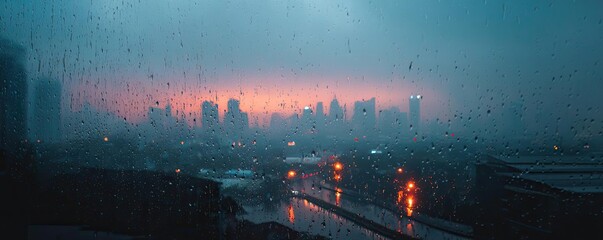 Poster - Raindrop on a window showing city landscape and emotional texture concept. City skyline at dusk with rain-soaked windows and vibrant lights.
