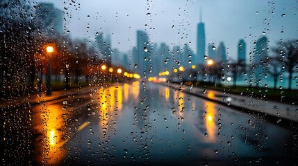 Poster - Raindrop on a window combining rain, mood, and urban pattern concept. City skyline reflecting in puddles on a rainy evening.