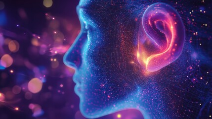Aufkleber - Abstract profile of a person's head with glowing ear, representing hearing and perception.