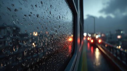 Poster - Raindrop on a window showing city landscape and emotional texture concept. Raindrops on a window during a moody, stormy evening.