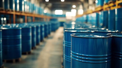 Aufkleber - Rows of blue metal barrels in a large warehouse.