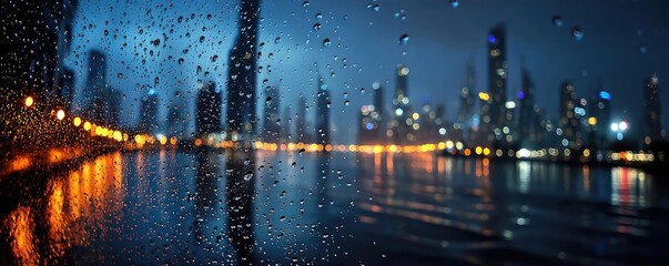 Poster - Raindrop on a window featuring sad city mood and water texture concept. City skyline at night with rain and lights reflecting on water.