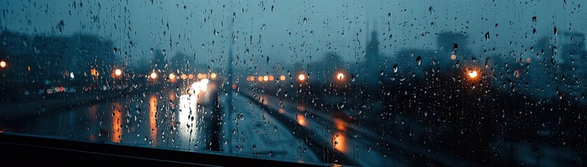Poster - Raindrop on a window featuring sad city mood and water texture concept. Rainy cityscape with lights reflecting on wet streets.