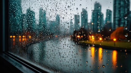 Poster - Raindrop on a window featuring sad city mood and water texture concept. View of a rainy cityscape through a window with urban reflections.